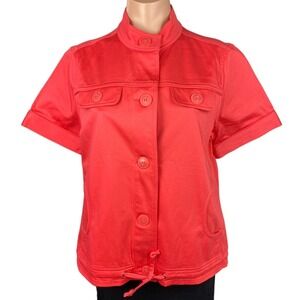 Christopher & Banks Sz M Red Top Blouse Short Sleeve Button Front Cotton/Spandex